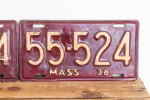 Load image into Gallery viewer, Massachusetts 1938 License Plate Pair Vintage YOM Original Paint Car Decor 55-524 - Eagle&#39;s Eye Finds
