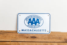 Load image into Gallery viewer, AAA Massachusetts License Plate Vintage Booster Blue and White Decor - Eagle&#39;s Eye Finds
