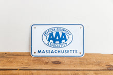 Load image into Gallery viewer, AAA Massachusetts License Plate Vintage Booster Blue and White Decor - Eagle&#39;s Eye Finds
