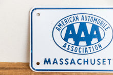 Load image into Gallery viewer, AAA Massachusetts License Plate Vintage Booster Blue and White Decor - Eagle&#39;s Eye Finds
