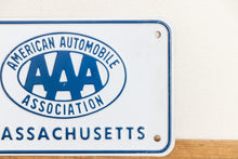 Load image into Gallery viewer, AAA Massachusetts License Plate Vintage Booster Blue and White Decor - Eagle&#39;s Eye Finds
