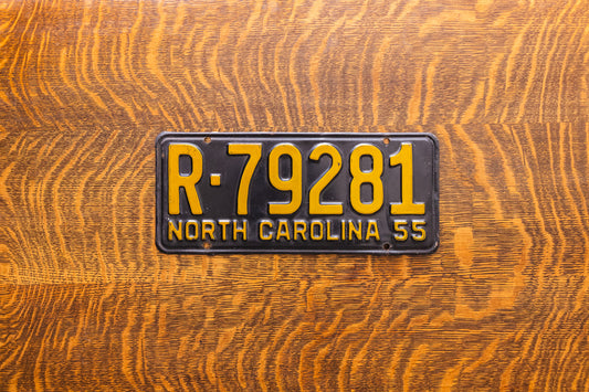 1955 North Carolina License Plate Vintage Black Yellow DMV Clear