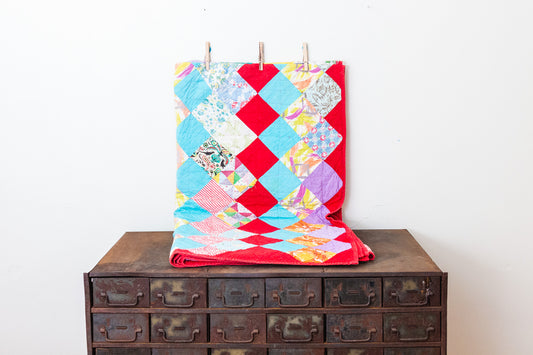 Patchwork Turned on Point Quilt Vintage Colorful Hand-stitched Patchwork Farmhouse Decor