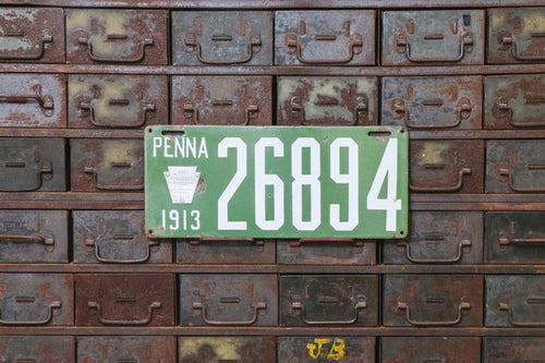 1913 Pennsylvania Porcelain License Plate Vintage Green Car Wall Hanging Decor - Eagle's Eye Finds