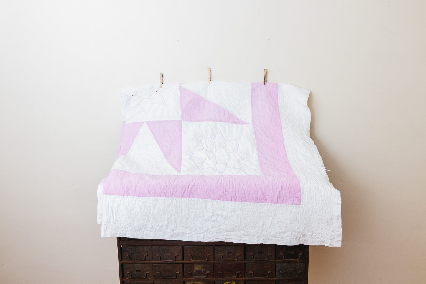 Pink Sawtooth Star Hand Stitched Embroidered Quilt Vintage Farmhouse Decor - Eagle's Eye Finds