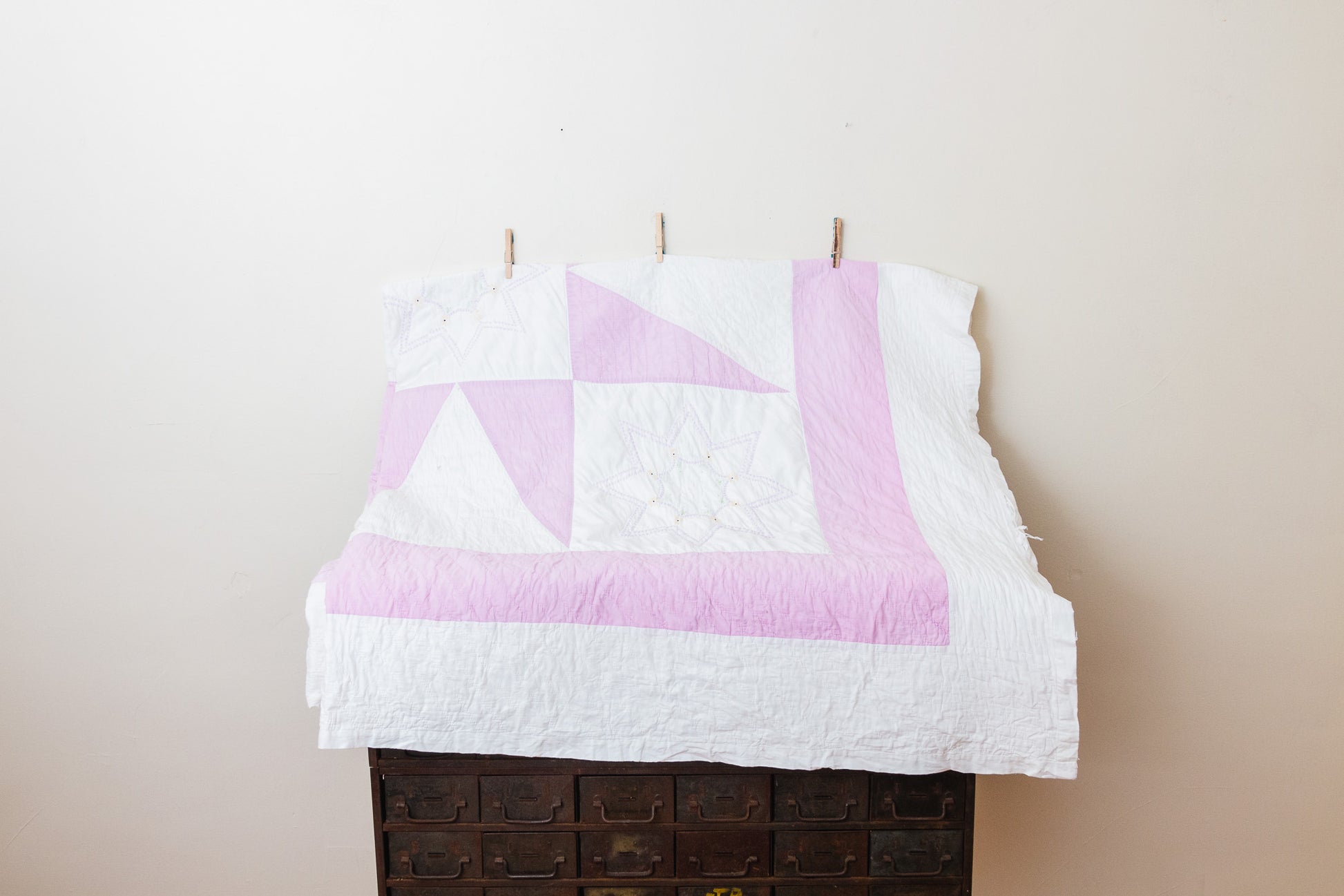 Pink Sawtooth Star Hand Stitched Embroidered Quilt Vintage Farmhouse Decor - Eagle's Eye Finds