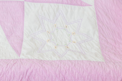 Pink Sawtooth Star Hand Stitched Embroidered Quilt Vintage Farmhouse Decor - Eagle's Eye Finds