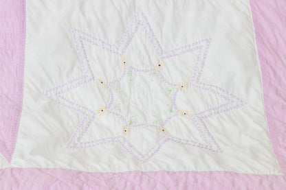 Pink Sawtooth Star Hand Stitched Embroidered Quilt Vintage Farmhouse Decor - Eagle's Eye Finds