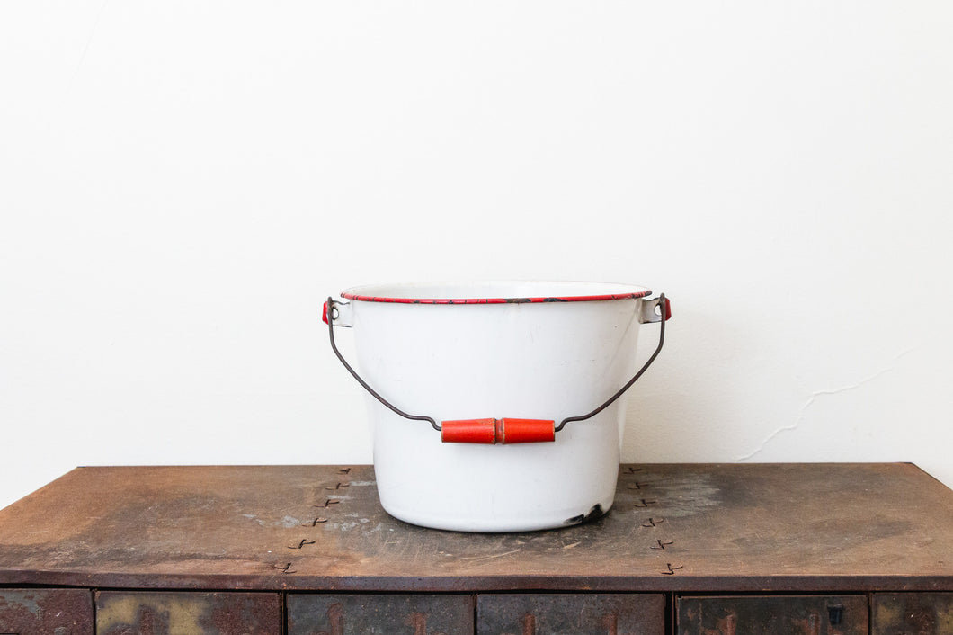 Enamelware Handled Bucket Vintage Red and White Kitchen Decor Accent - Eagle's Eye Finds