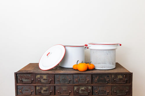 Enamelware Pot and Steamer Set Vintage Red and White Kitchen Decor - Eagle's Eye Finds