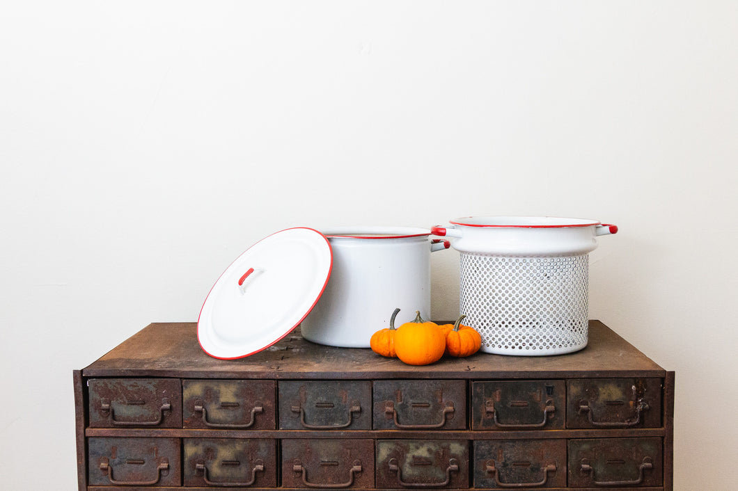 Enamelware Pot and Steamer Set Vintage Red and White Kitchen Decor - Eagle's Eye Finds