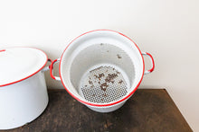 Load image into Gallery viewer, Enamelware Pot and Steamer Set Vintage Red and White Kitchen Decor - Eagle&#39;s Eye Finds
