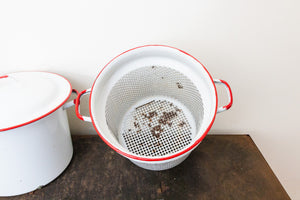 Enamelware Pot and Steamer Set Vintage Red and White Kitchen Decor - Eagle's Eye Finds