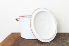 Load image into Gallery viewer, Enamelware Pot and Steamer Set Vintage Red and White Kitchen Decor - Eagle&#39;s Eye Finds
