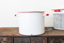 Load image into Gallery viewer, Enamelware Pot and Steamer Set Vintage Red and White Kitchen Decor - Eagle&#39;s Eye Finds
