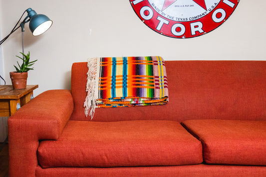 Serape Mexican Wool Blanket Vintage Colorful Striped Plaid Blanket with Hand Knotted Fringe