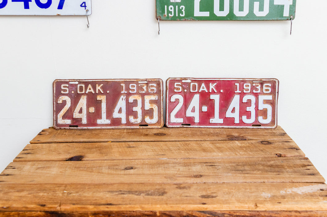 South Dakota 1936 License Plate Pair Vintage Red Wall Hanging Decor - Eagle's Eye Finds