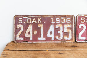 South Dakota 1936 License Plate Pair Vintage Red Wall Hanging Decor - Eagle's Eye Finds