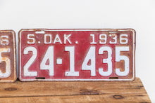 Load image into Gallery viewer, South Dakota 1936 License Plate Pair Vintage Red Wall Hanging Decor - Eagle&#39;s Eye Finds

