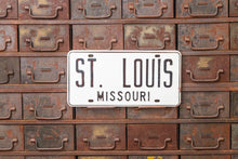 Load image into Gallery viewer, 1960s St. Louis Missouri Booster License Plate Vintage White Wall Hanging Decor - Eagle&#39;s Eye Finds
