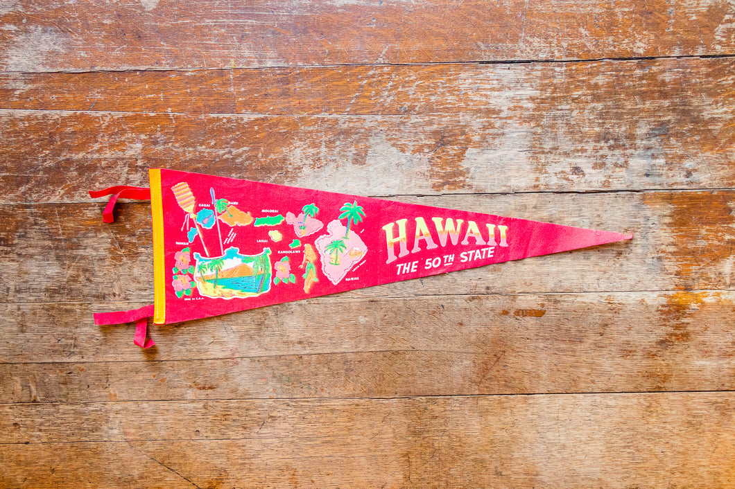 Hawaii Vintage Felt Pennant Red HI State Wall Decor