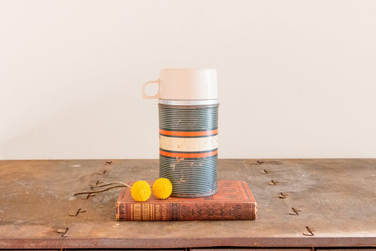 Black and Tan Striped JC Higgins Thermos Vintage Fall Shelf Decor
