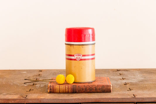 Tan and Red Thermos Vintage Fall Shelf Decor