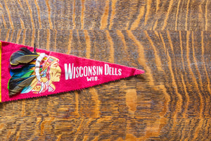 Wisconsin Dells Red Vintage Felt Pennant with Native American
