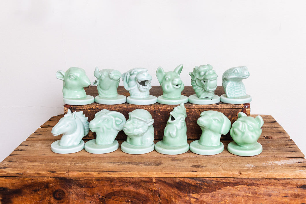 Jadeite Ceramic Zodiac Figurine Heads Vintage Animal Busts Shelf Decor - Eagle's Eye Finds