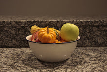 Load image into Gallery viewer, Enamelware Bowl White with Navy Blue Rim Vintage Kitchen Decor Accent - Eagle&#39;s Eye Finds
