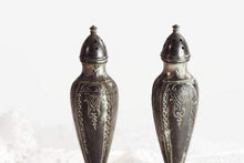 Load image into Gallery viewer, Ornate Victorian Salt and Pepper Shakers Silver Plate - Eagle&#39;s Eye Finds
