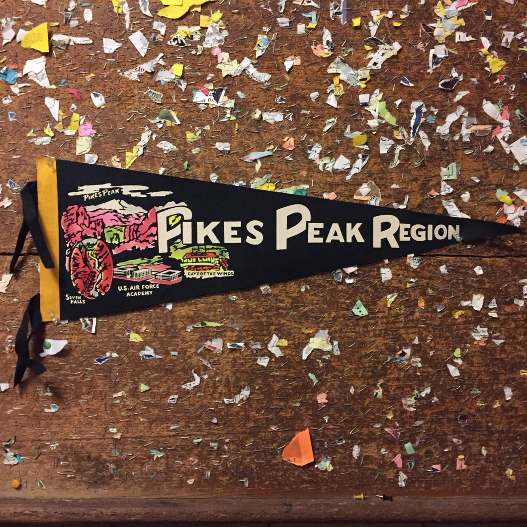 Pikes Peak Region Blue or Black Felt Pennant Vintage Colorado Decor - Eagle's Eye Finds