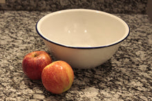 Load image into Gallery viewer, Enamelware Bowl White with Navy Blue Rim Vintage Kitchen Decor Accent - Eagle&#39;s Eye Finds
