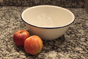 Enamelware Bowl White with Navy Blue Rim Vintage Kitchen Decor Accent - Eagle's Eye Finds