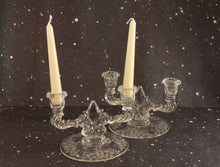 Load image into Gallery viewer, New Martinsville Teardrop Candlestick Holders Vintage Meadow Wreath Floral Etched Glass - Eagle&#39;s Eye Finds
