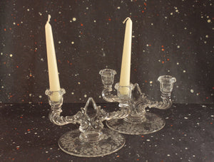 New Martinsville Teardrop Candlestick Holders Vintage Meadow Wreath Floral Etched Glass - Eagle's Eye Finds