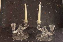 Load image into Gallery viewer, New Martinsville Teardrop Candlestick Holders Vintage Meadow Wreath Floral Etched Glass - Eagle&#39;s Eye Finds
