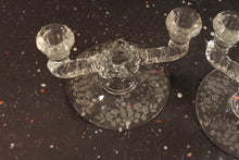 Load image into Gallery viewer, New Martinsville Teardrop Candlestick Holders Vintage Meadow Wreath Floral Etched Glass - Eagle&#39;s Eye Finds
