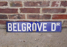 Load image into Gallery viewer, Belgrove Drive Blue Enamel Street Sign Vintage Porcelain Wall Decor - Eagle&#39;s Eye Finds
