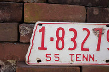 Load image into Gallery viewer, 1955 Tennessee License Plate State Shaped Vintage White and Red - Eagle&#39;s Eye Finds

