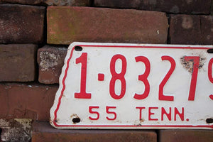 1955 Tennessee License Plate State Shaped Vintage White and Red - Eagle's Eye Finds