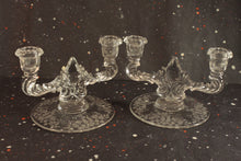 Load image into Gallery viewer, New Martinsville Teardrop Candlestick Holders Vintage Meadow Wreath Floral Etched Glass - Eagle&#39;s Eye Finds
