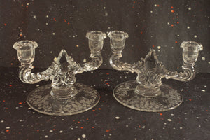 New Martinsville Teardrop Candlestick Holders Vintage Meadow Wreath Floral Etched Glass - Eagle's Eye Finds