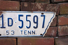 Load image into Gallery viewer, 1953 Tennessee License Plate State Shaped Vintage White and Blue - Eagle&#39;s Eye Finds
