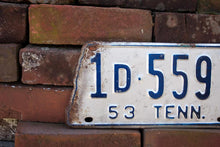 Load image into Gallery viewer, 1953 Tennessee License Plate State Shaped Vintage White and Blue - Eagle&#39;s Eye Finds
