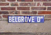 Load image into Gallery viewer, Belgrove Drive Blue Enamel Street Sign Vintage Porcelain Wall Decor - Eagle&#39;s Eye Finds
