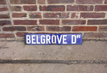 Load image into Gallery viewer, Belgrove Drive Blue Enamel Street Sign Vintage Porcelain Wall Decor - Eagle&#39;s Eye Finds
