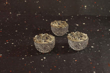 Load image into Gallery viewer, Hearts and Ribbon Pewter Potpourri Jar Cover and Cut Glass Jar Vintage Set of 3 - Eagle&#39;s Eye Finds
