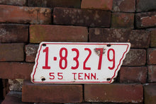 Load image into Gallery viewer, 1955 Tennessee License Plate State Shaped Vintage White and Red - Eagle&#39;s Eye Finds
