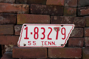 1955 Tennessee License Plate State Shaped Vintage White and Red - Eagle's Eye Finds